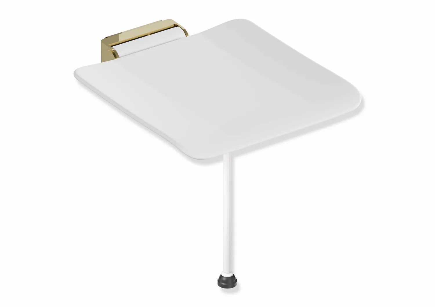 Klappsitz des Systems 900, Wandkonsole aus Edelstahl, PVD, Sitzfläche aus strukturiertem Kunststoff, weiß, Sitzfläche 450 mm breit, 450 mm tief, mit Bodenstütze für Sitzhöhe 450-500 mm, PVD, in Farbe CK (Messing glänzend)