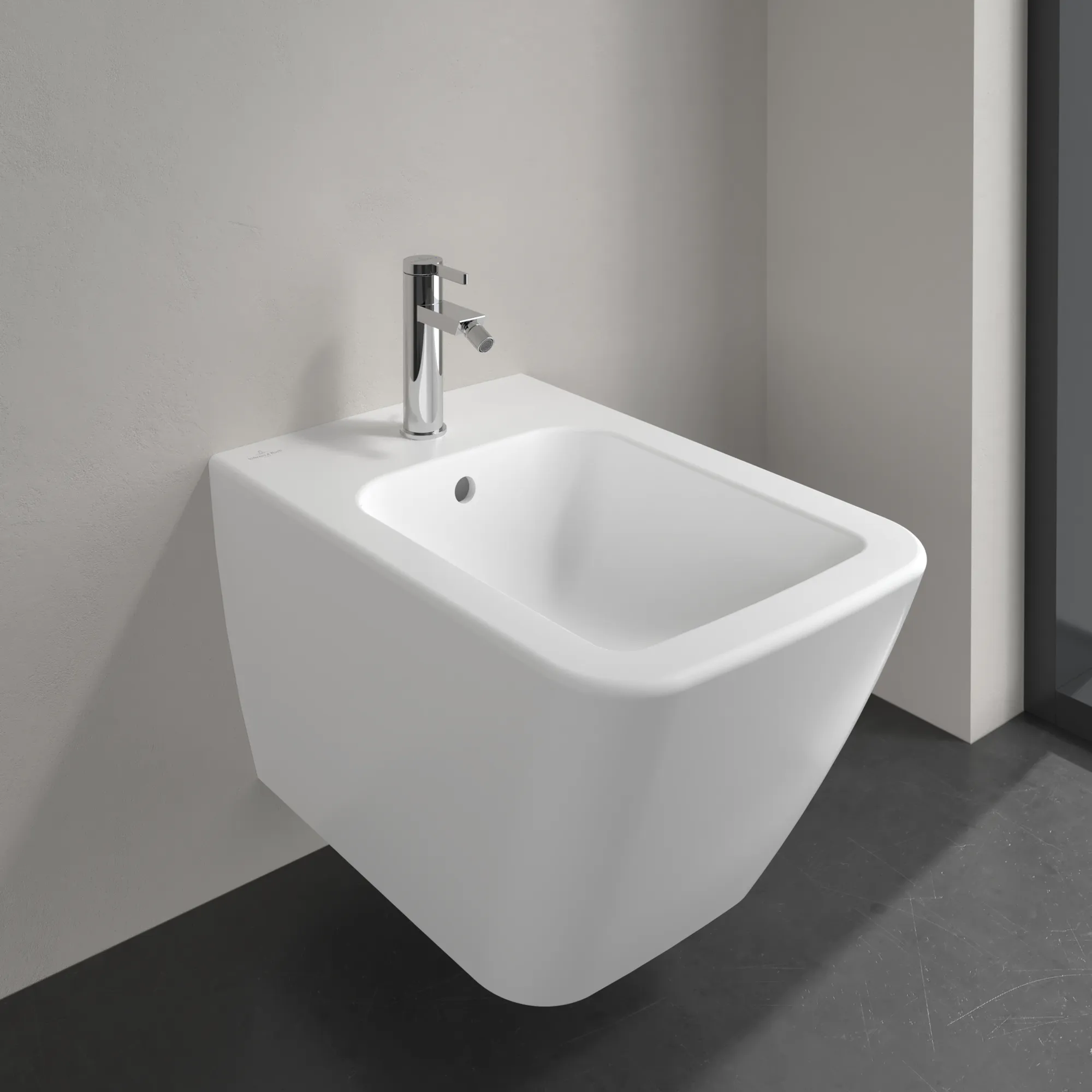 Villeroy & Boch Bidet „Finion“, Befestigung verdeckt, mit Hahnlochbohrung 375 × 320 × 560 mm in Stone White, mit CeramicPlus