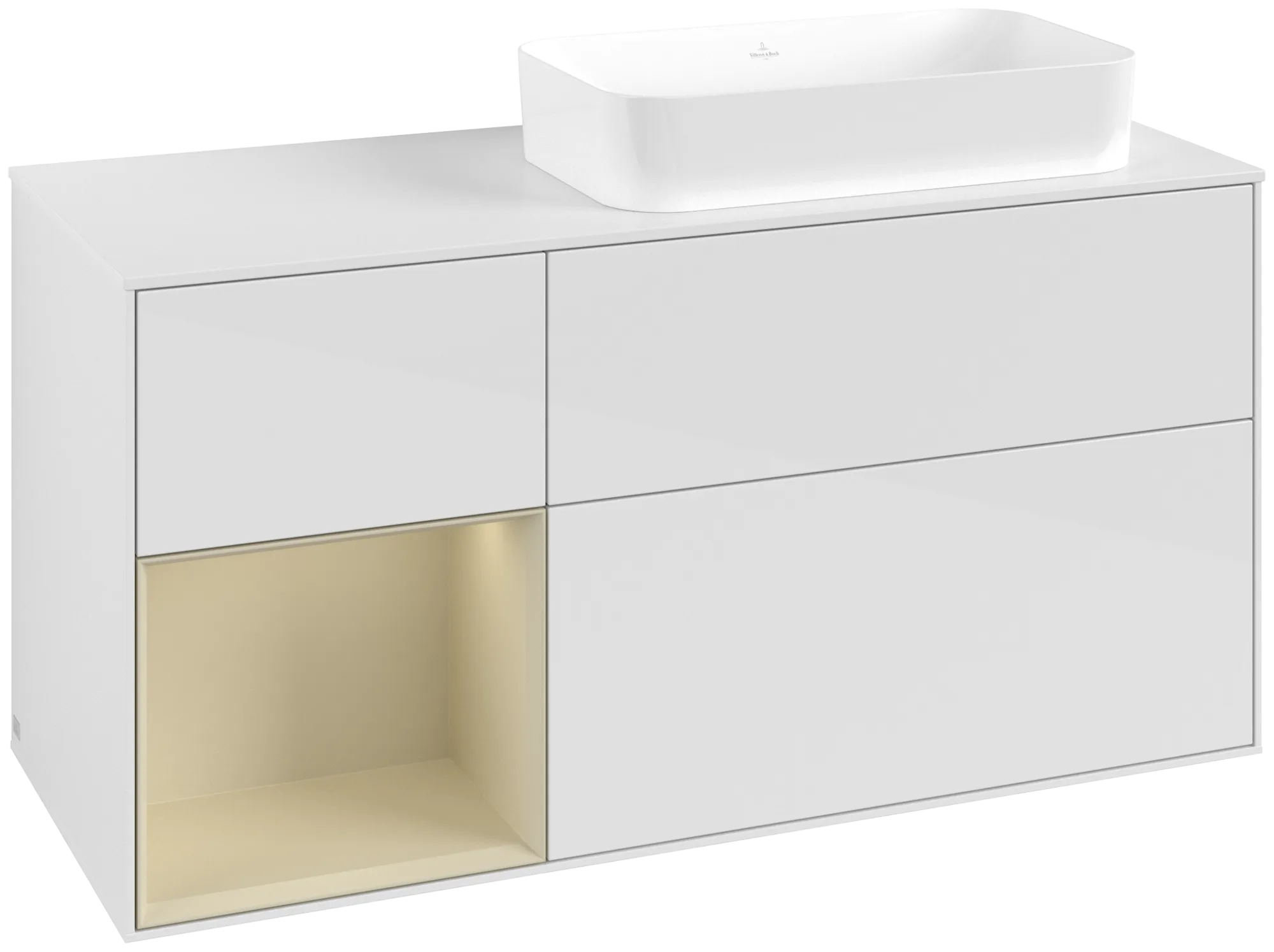 Villeroy & Boch Finion Waschbeckenunterschrank G68, 1200x603x501mm, Glossy White Lacquer / Silk Grey Matt Lacquer / Glass White Matt