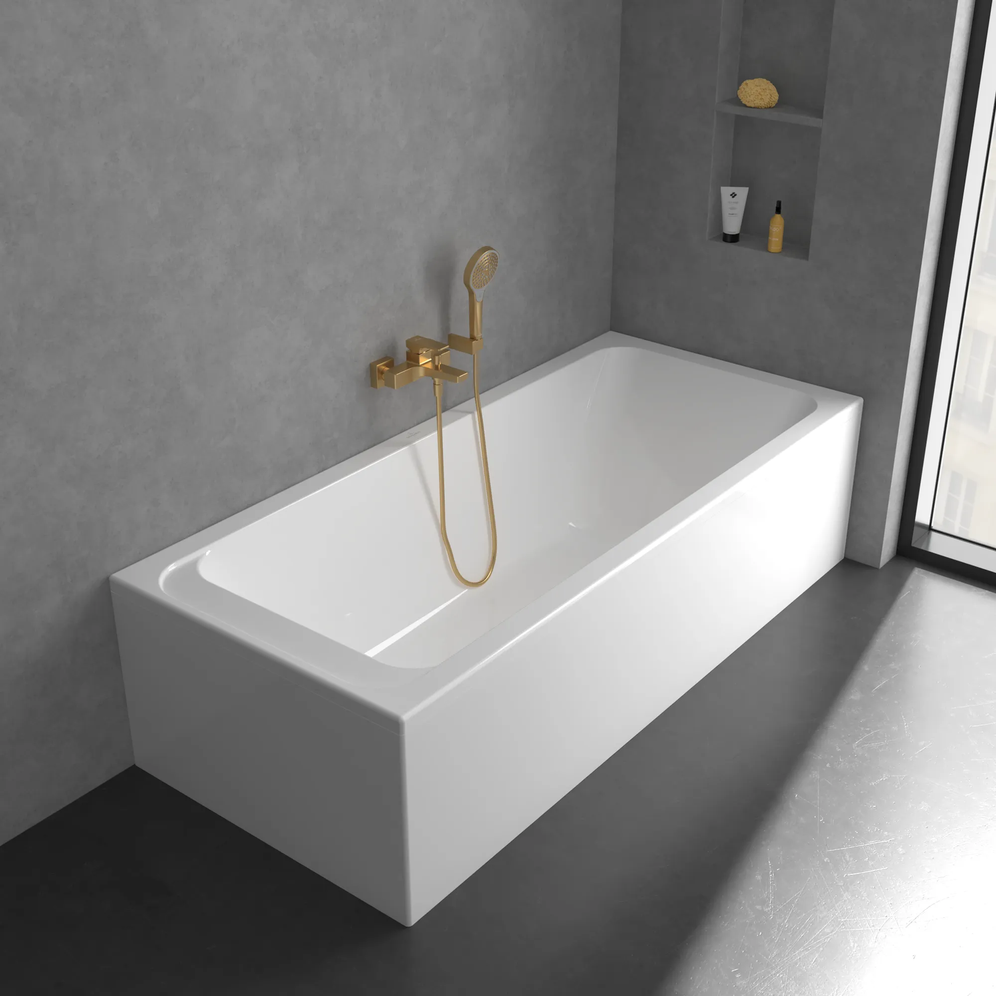 Villeroy & Boch Architectura Square Einhebel-Badewannenarmatur, Brushed Gold, 101 x 210 x 198 mm, Comfortstrahl mit AirPlus, SmartPressure, EasyClean