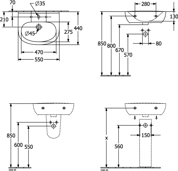 Villeroy & Boch Wandwaschtisch „O.novo“ 550 × 440 × 180 mm, für Becken mittig, Hahnlochposition mittig in Weiß Alpin Villeroy & Boch Wandwaschtisch „O.novo“ 550 × 440 × 180 mm, für Becken mittig, Hahnlochposition mittig in Weiß Alpin