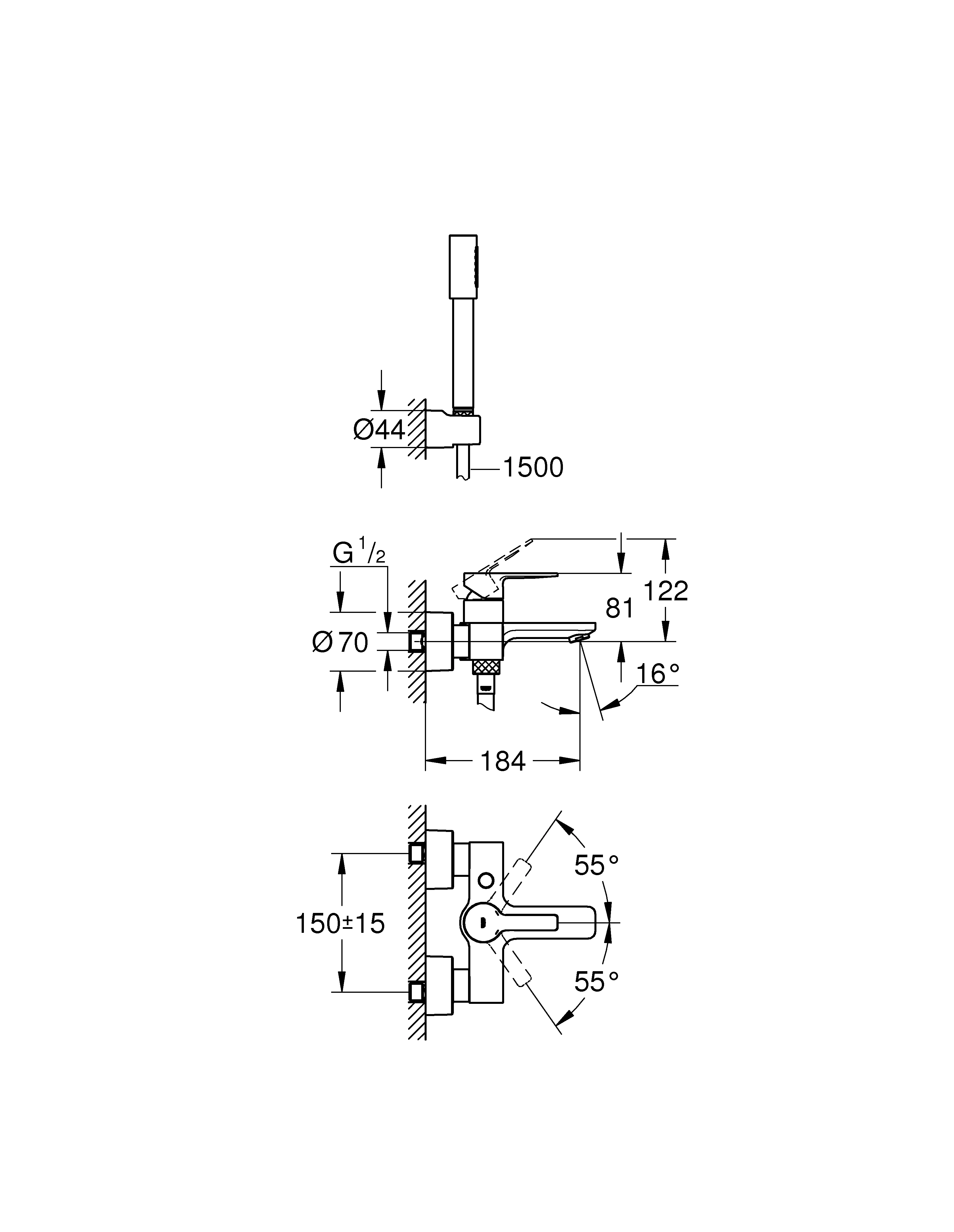 Einhand-Wannenbatterie Lineare 33850_1, Wandmontage, mit Brausegarnitur, mit Temperaturbegrenzer, chrom