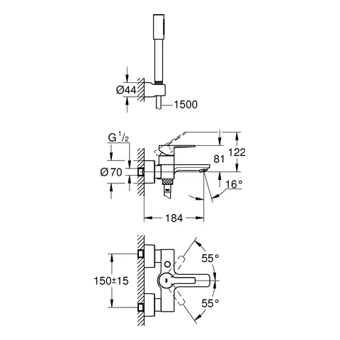 Grohe Lineare Einhand-Wannenbatterie, Wandmontage, mit Brausegarnitur, chrom Grohe Lineare Einhand-Wannenbatterie, Wandmontage, mit Brausegarnitur, chrom