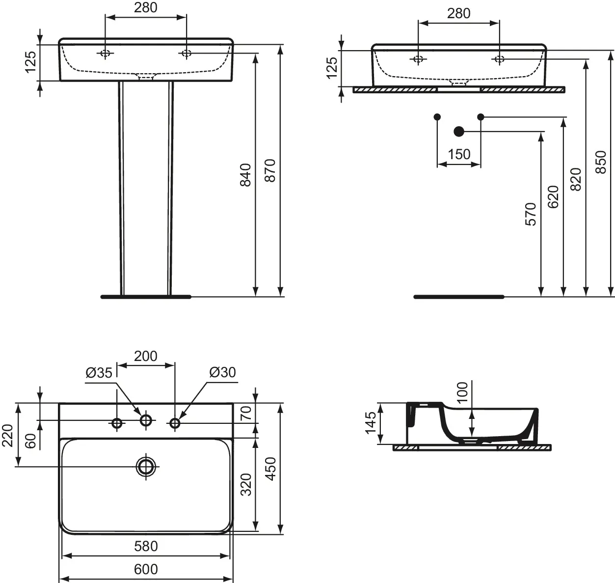 Ideal Standard Conca Waschtisch, 3 Hahnlöcher, geschliffen, weiß (Alpin), 600x450x145 mm Ideal Standard Conca Waschtisch, 3 Hahnlöcher, geschliffen, weiß (Alpin), 600x450x145 mm