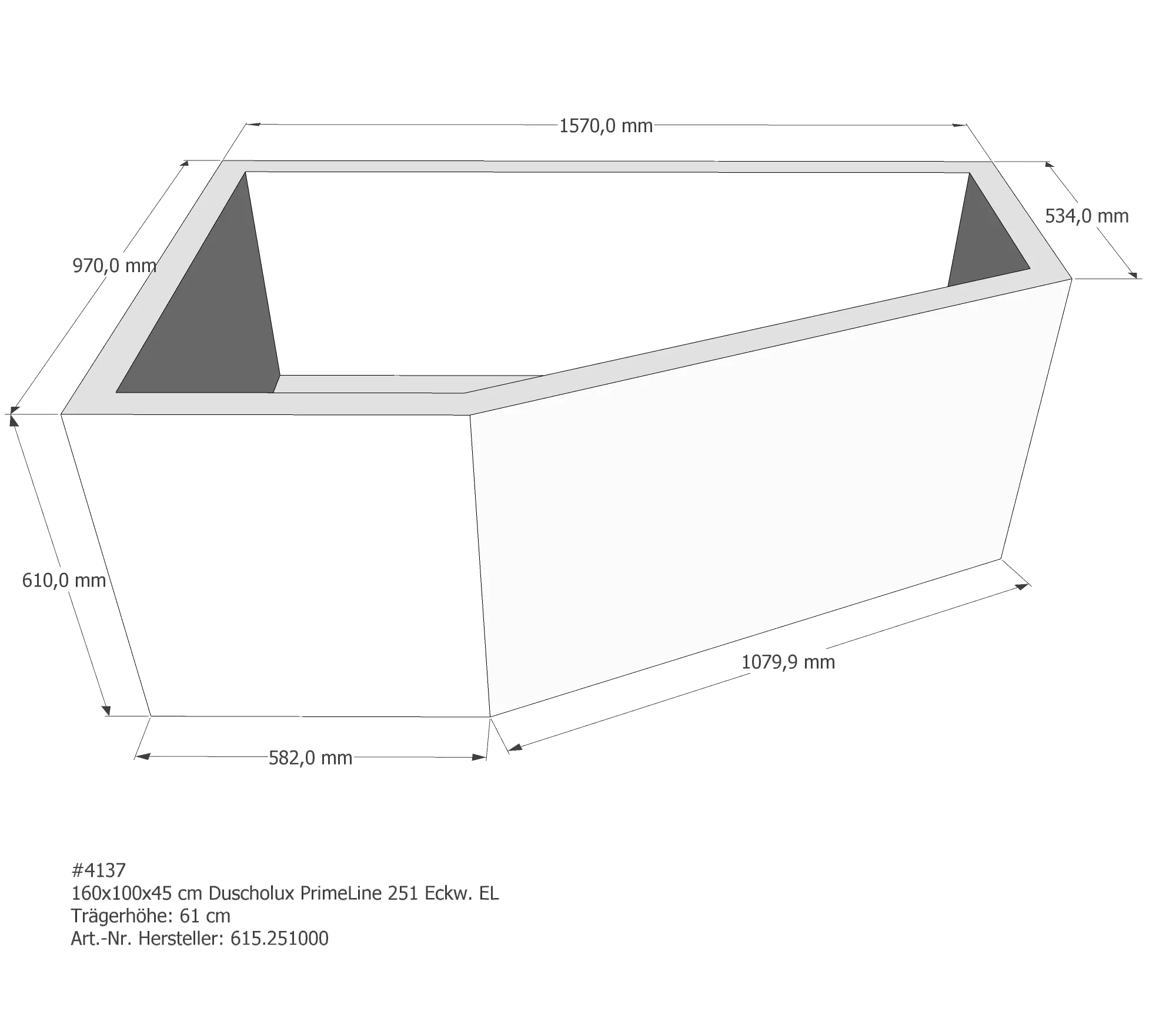Badewannenträger für Duscholux PrimeLine 251 links 160 × 100 × 45 cm