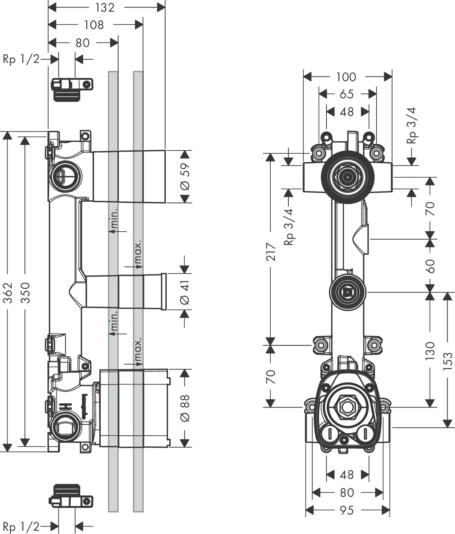 Hansgrohe AXOR Citterio E Thermostatmodul Unterputz, 2 Verbraucher, DN20, Durchfluss 59 l/min, horizontale/vertikale Montage