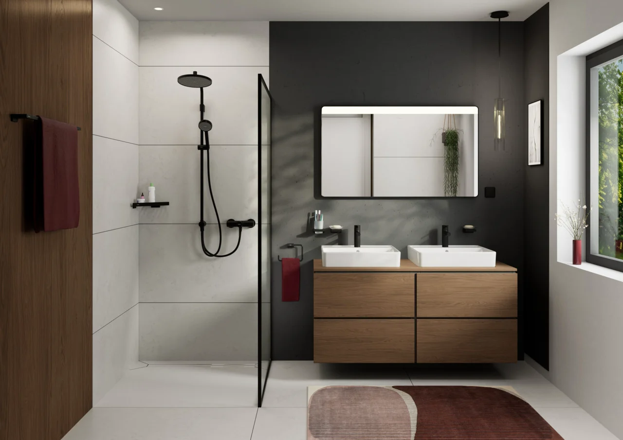 Hansgrohe Xarita Lite Q Spiegel mit horizontaler LED-Beleuchtung, Mattschwarz, Maße 1200 x 700 x 30 mm