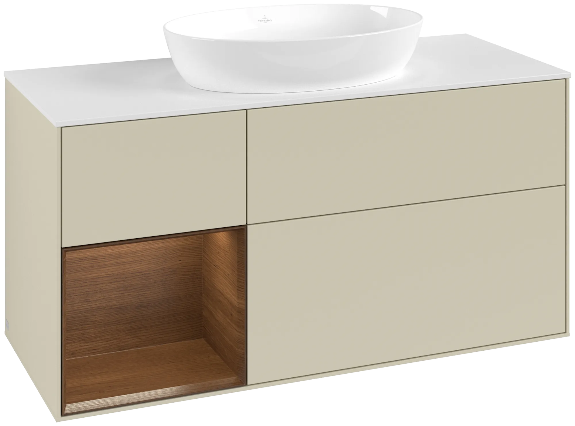 Villeroy & Boch Finion Waschbeckenunterschrank FA6, 1200x603x501mm, Silk Grey Matt Lacquer / Walnut Veneer / Glass White Matt