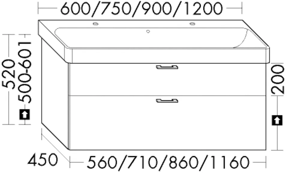 WT-Unterschrank Sys30 von burgbad - 450 mm tief, 1160 mm breit, 520 mm hoch, 1 Schublade oben, 1 Auszug unten, PG4