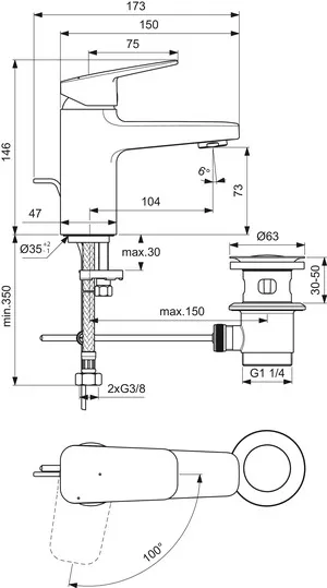 Waschtischarmatur Ceraplan H75 mit Ablaufgarnitur Ausladung 104mm BlueStart Chrom