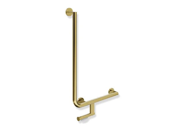 HEWI Winkelgriff System 900 mit WC-Papierrollenhalter, Edelstahl PVD gold glänzend, 32 mm Durchmesser, waagerecht 500 mm, senkrecht 750 mm, rechts