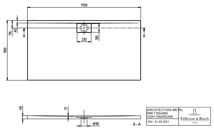Villeroy & Boch rechteck Duschwanne „Architectura MetalRim“ 170 × 90 cm ohne Oberflächenbeschichtung, in Weiß Alpin