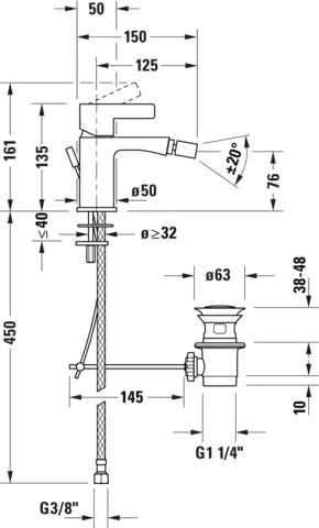 D-Neo Einhebel-Bidetmischer mit Zugstange, Ausladung 125mm