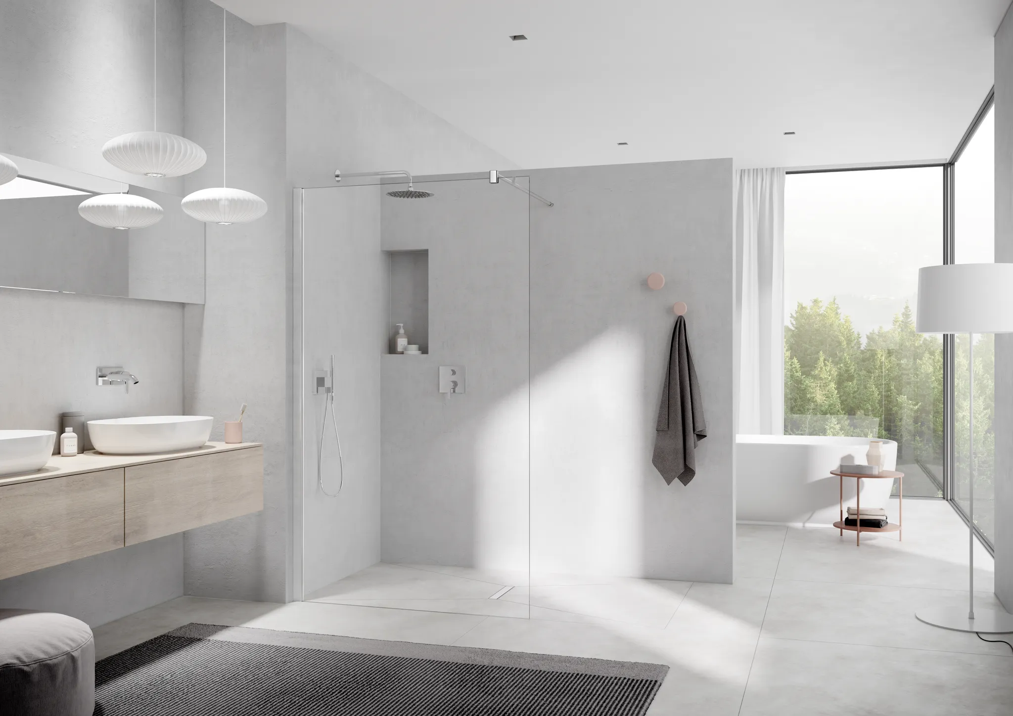 Kermi Duschdesign Walk-In-Duschkabine mit Wandprofil „MENA“ Glas Klar, Profile Silber Hochglanz, BV: 785 - 805 mm WE: 785 - 805 mm H: 2000 mm