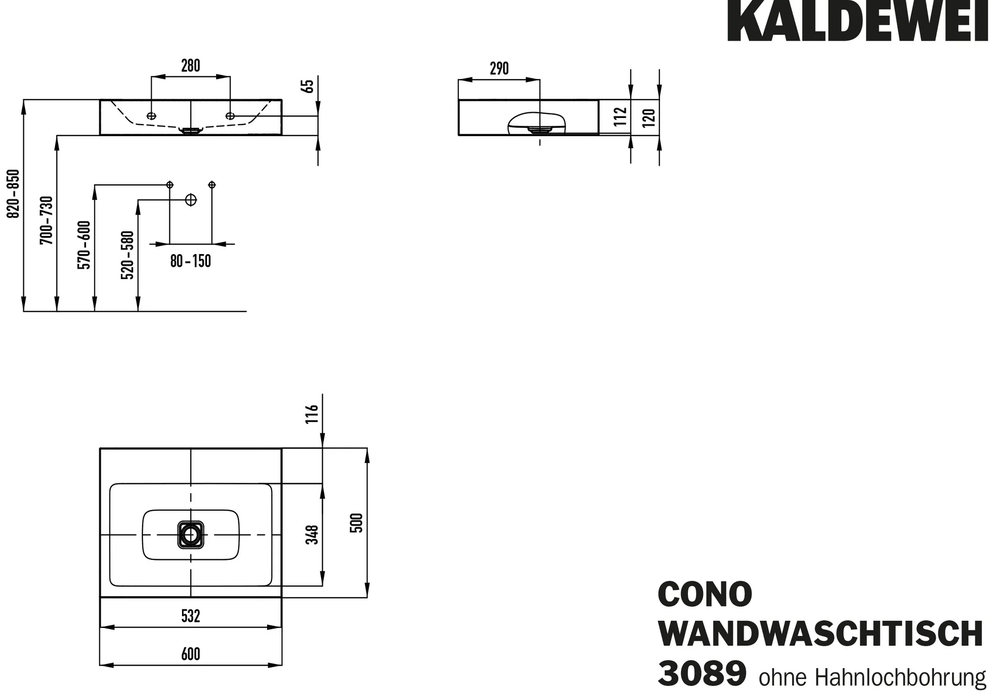 Doppelwaschtisch „Cono“ 60 × 50 cm, mittig, ohne Überlauf, ohne Hahnlochbohrung in alpinweiß mit Perl-Effekt