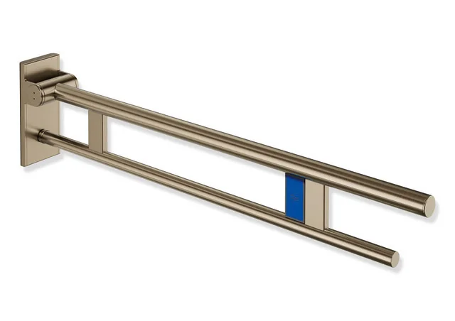 HEWI Stützklappgriff Duo System 900, Design A, Edelstahl PVD bronze gebürstet, Ausladung 900 mm, Funk-Spülauslösung, links, passend zu WC-Funkspülsystemen von Geberit, Mepa, Viega u. a.