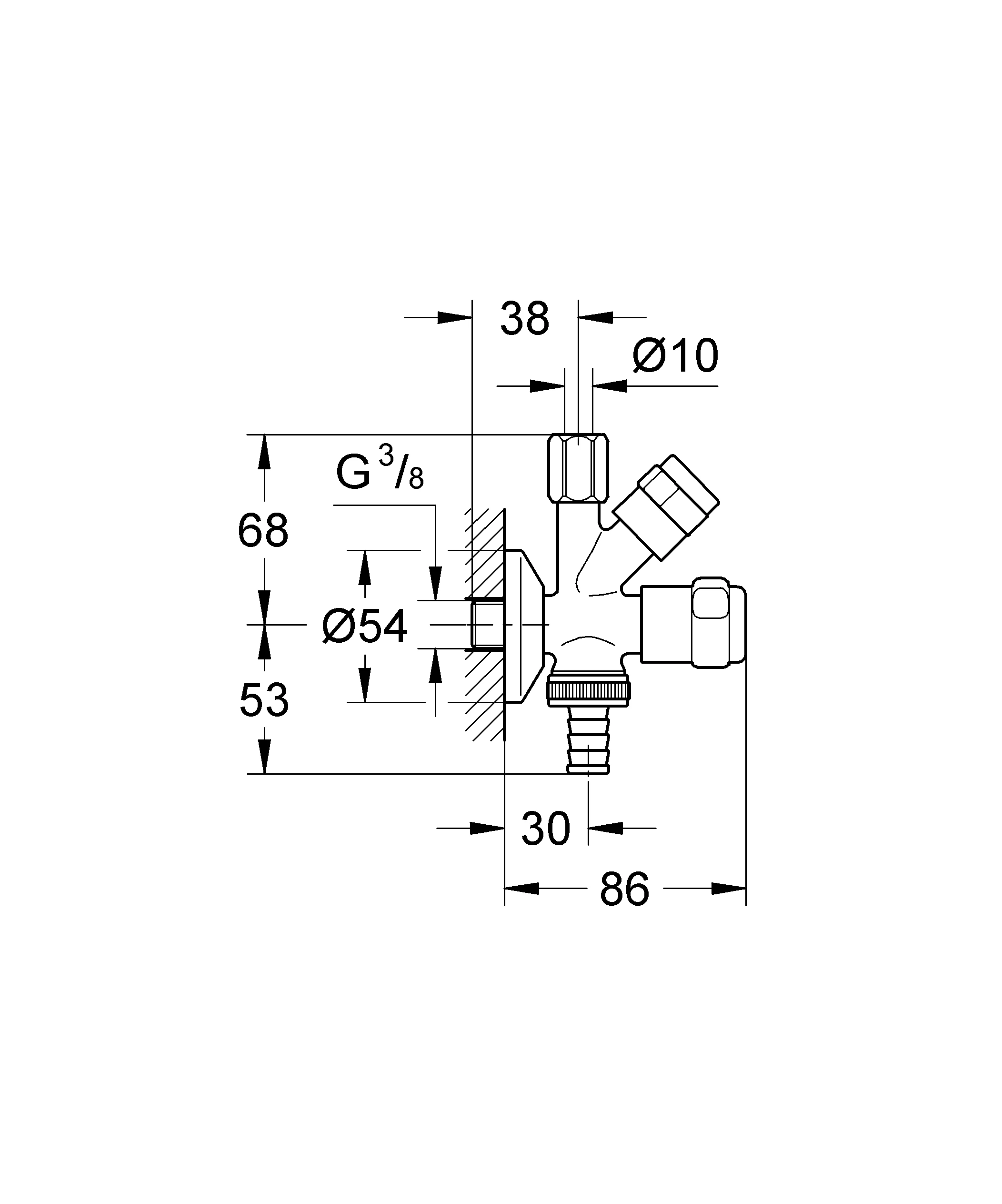 Original WAS Kombi-Eckventil 41070, DN 10, Wandmontage, Kartuschen-Oberteil für den absperrbaren Kupferrohranschluss, Fettkammer-Oberteil 3/8'' für den absperrbaren Schlauchanschluss, Rückflussverhinderer Typ EB, eigensicher, chrom