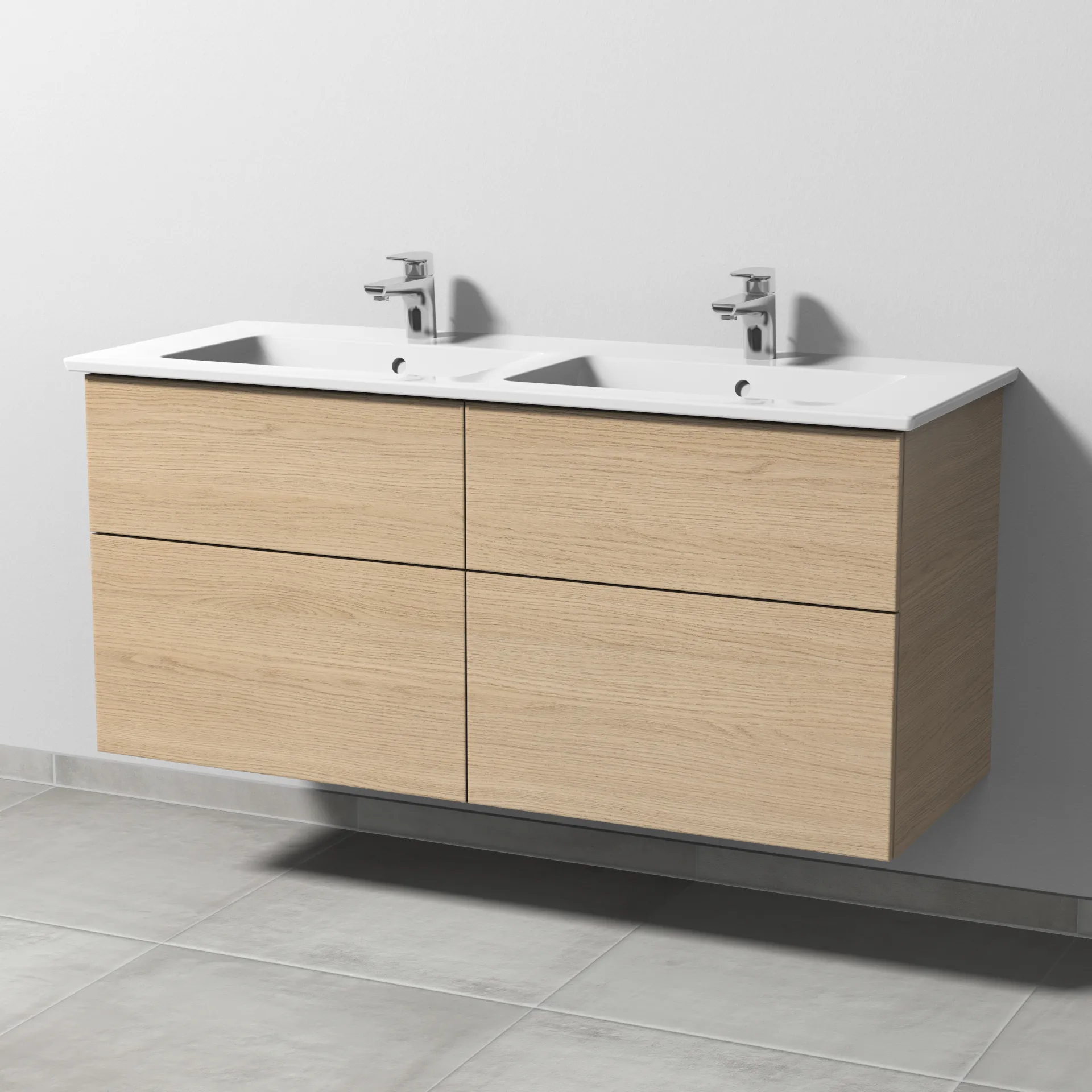 Keramik-Waschtisch-Set mit Waschtischunterschrank „3way“ 125,5 × 47,7 × 59,1 cm in Eiche Nordic, mit Hahnlochbohrung, Becken links und rechts