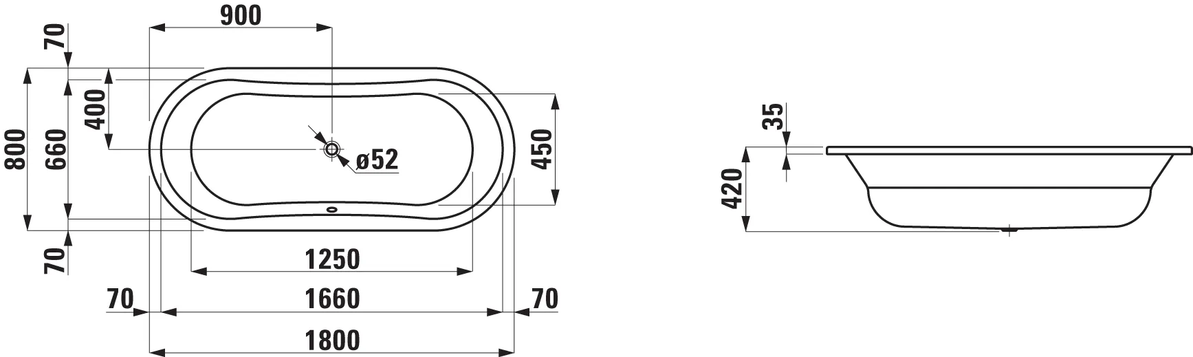 Laufen THALLIUM 800x1800x420 Einbau-Badewanne, oval, weiß Laufen THALLIUM 800x1800x420 Einbau-Badewanne, oval, weiß