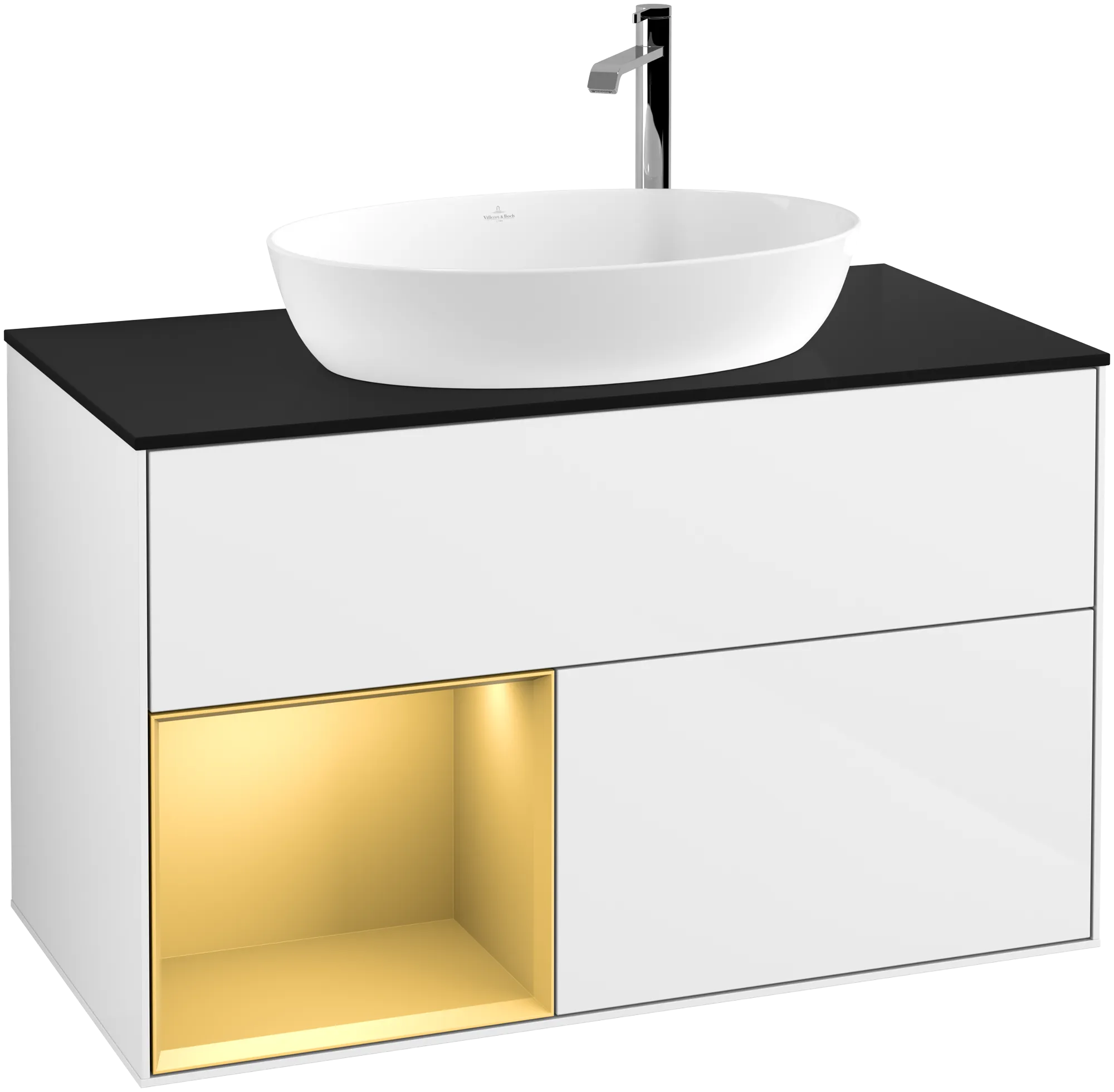 Villeroy & Boch Finion Waschbeckenunterschrank F89 1000x603x501mm Glossy White Lacquer / Gold Matt Lacquer / Glass Black Matt