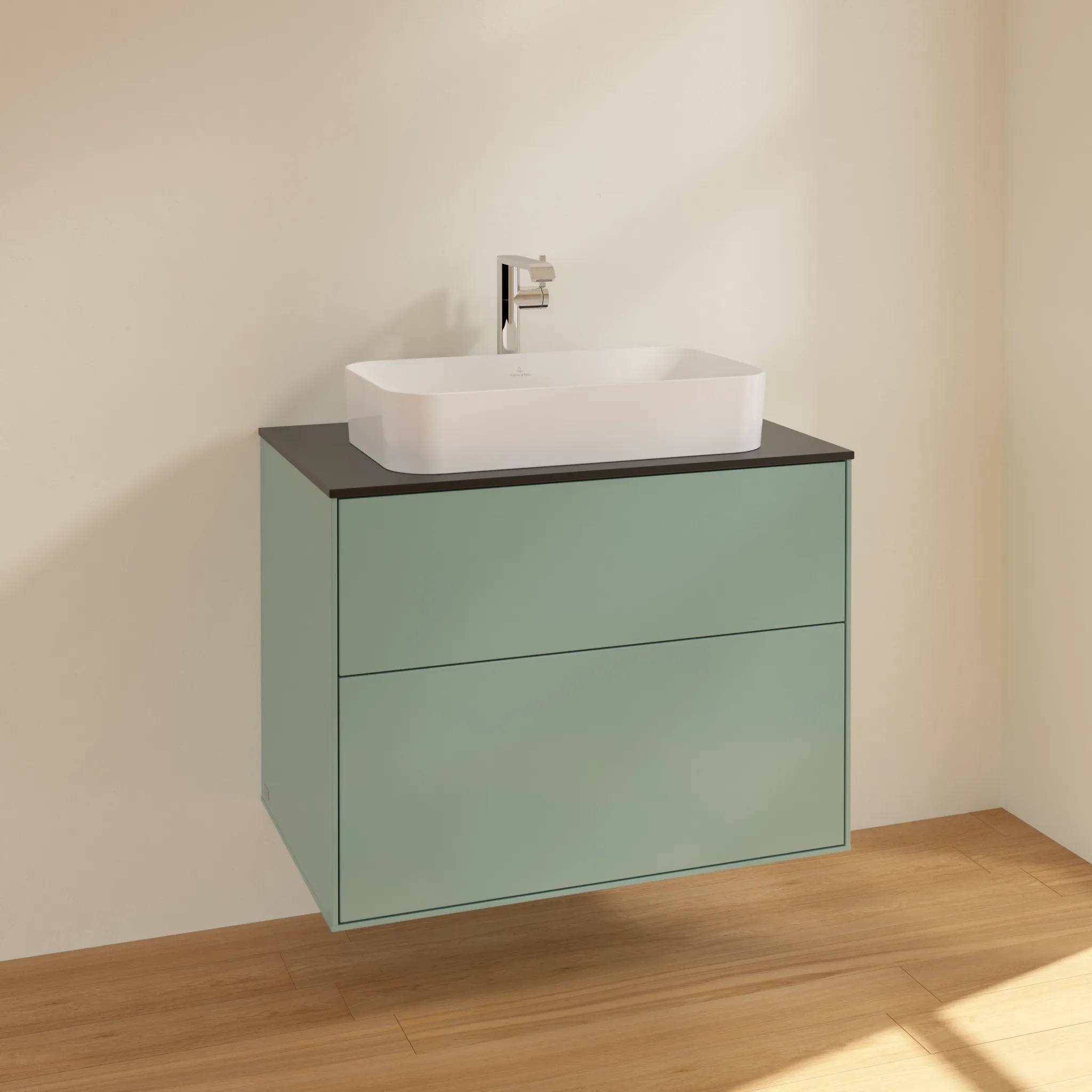 Villeroy & Boch Waschtischunterschrank „Finion“ für Schrankwaschtisch 800 × 603 × 501 mm Olive Matt Lacquer, mit Hahnlochbohrung, für Becken mittig