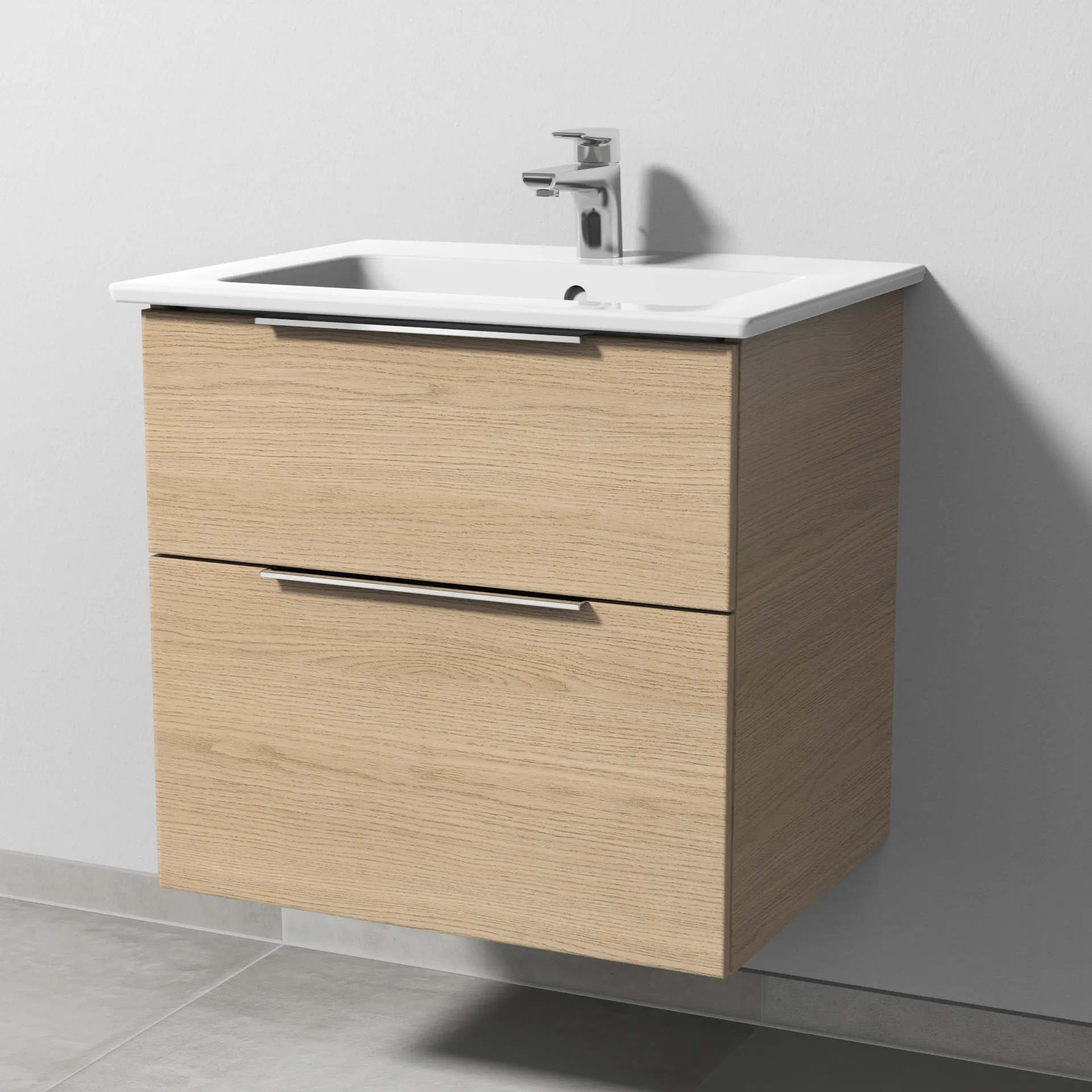 Keramik-Waschtisch-Set mit Waschtischunterschrank „3way“ 60,5 × 47,7 × 59,1 cm in Eiche Nordic, mit Hahnlochbohrung, Becken mittig