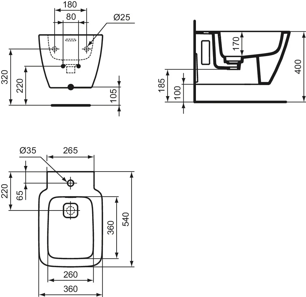 Ideal Standard Bidet „StradaII“, Befestigung verdeckt 36 × 54 × 30 cm