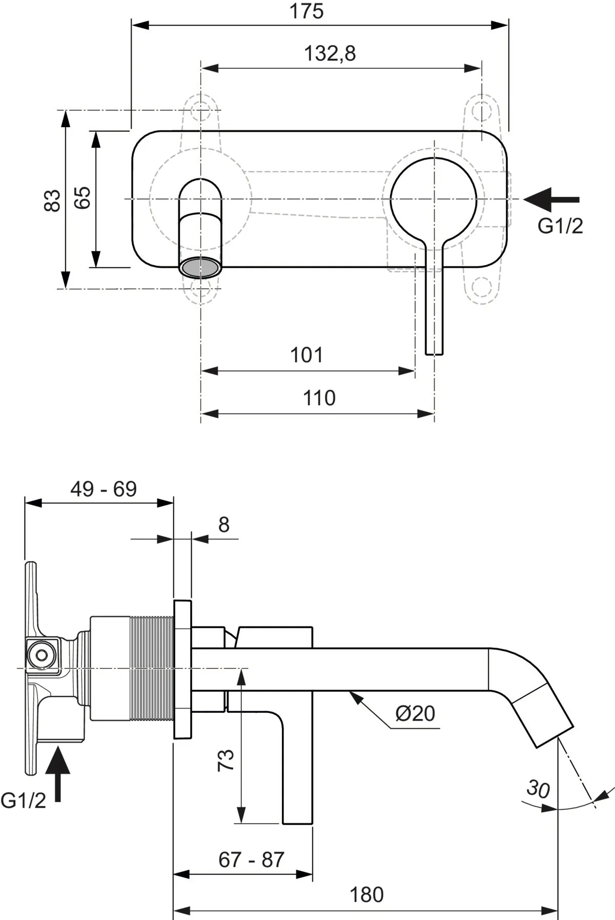 Wand-Waschtischarmatur Joy, Bausatz 2, eckige Rosette, Ausladung 180mm, Brushed Gold Wand-Waschtischarmatur Joy, Bausatz 2, eckige Rosette, Ausladung 180mm, Brushed Gold