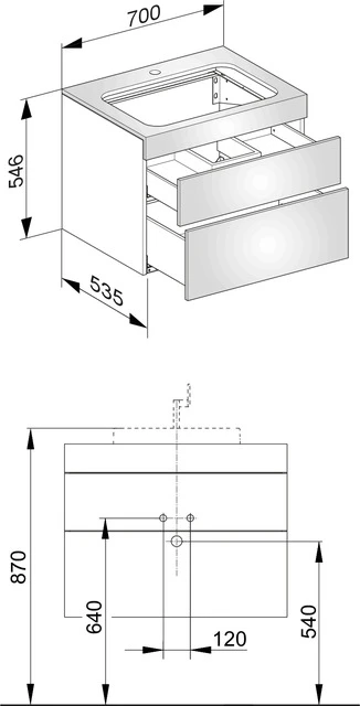 Edition 400 Waschtischunterbau m. Hahnlochbohrung, 2 Auszüge 700 x 546 x 535 mm weiß/Glas trüffel satiniert