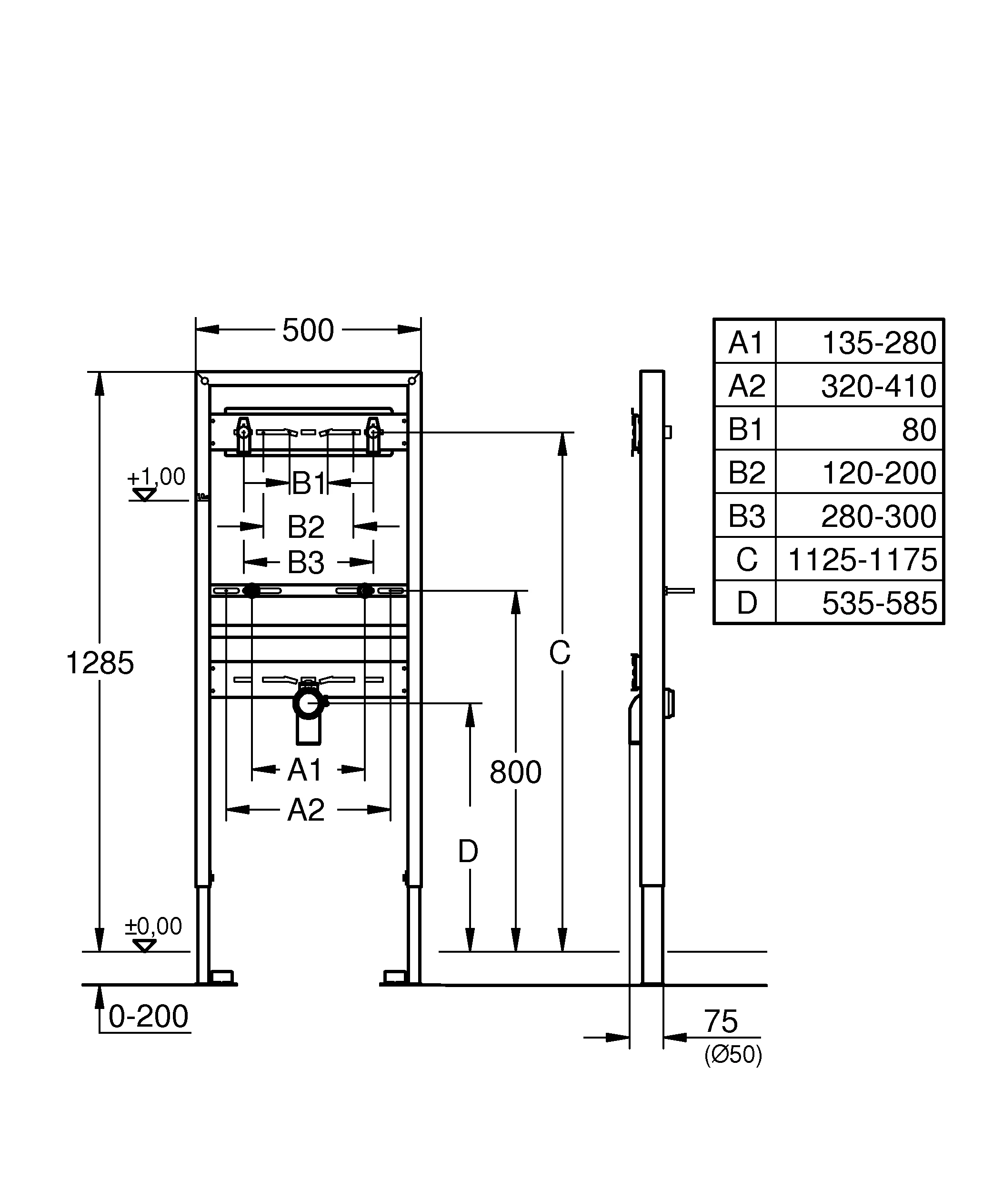 Waschtisch-Element Rapid SL 38546, 1,30 m Bauhöhe, für Wandbatterie, für Vorwand- oder Ständerwandmontage, 2 schallgedämmte Armaturenanschlüsse DN 15, HT-Ablaufbogen DN 50