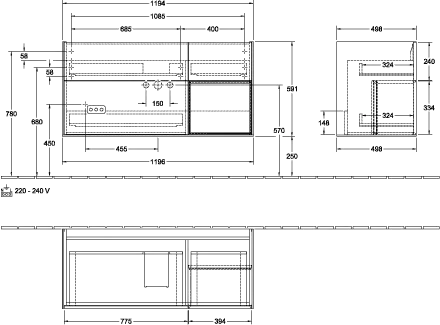 Villeroy & Boch Waschtischunterschrank „Finion“ für Schrankwaschtisch 119,6 × 59,1 × 49,8 cm 3 Schubladen, für Waschtischposition mittig, inkl. Beleuchtung mittig