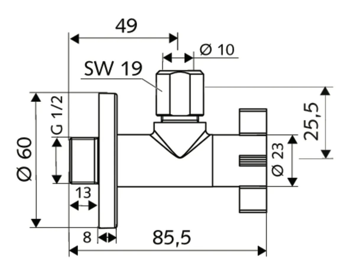 Design-Eckventil mit Regulierfunktion 4WING, Schubrosette Ø 60 mm, DN 15 G 1/2 AG, Ø 10 mm (DN 10 G 3/8 AG)
