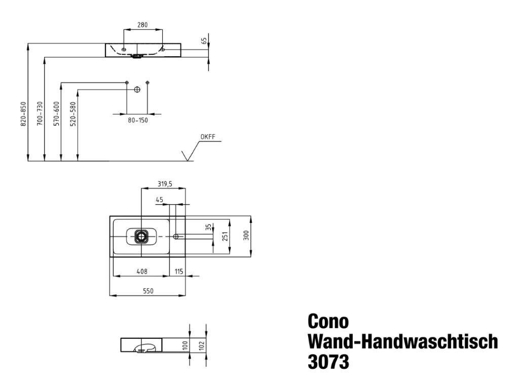 Wandwaschtisch „Cono“ 55 × 30 cm, ohne Überlauf, links, mit Hahnlochbohrung in warm grey 60 mit Perl-Effekt