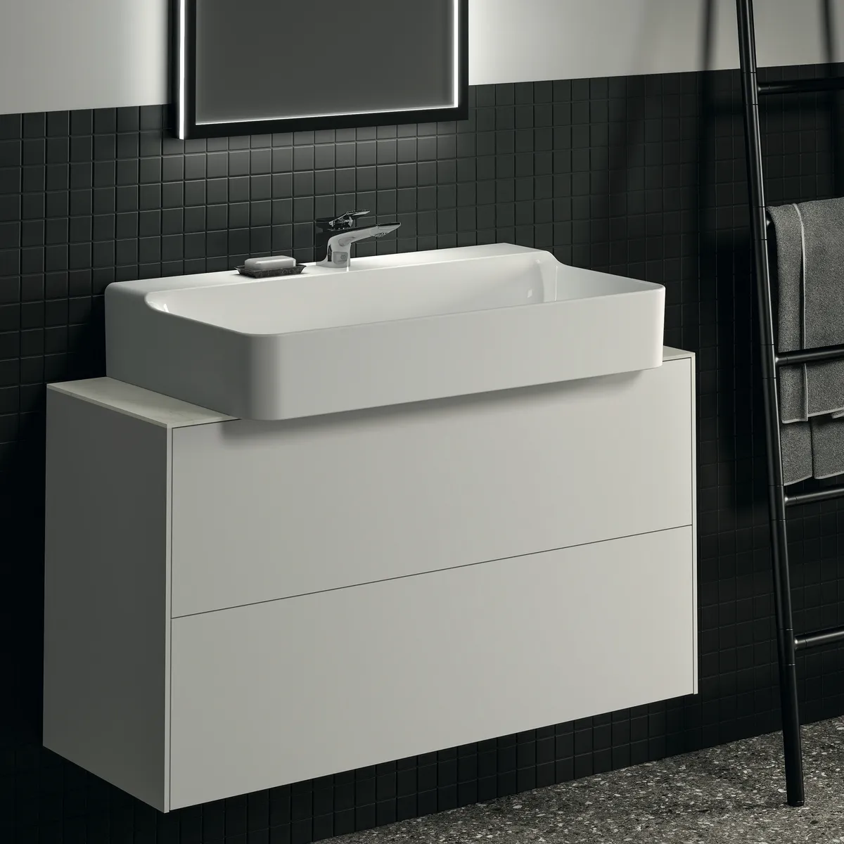 Waschtischplatte Conca, aus Keramik, 1002x373x6mm, Marmor Noir Desir