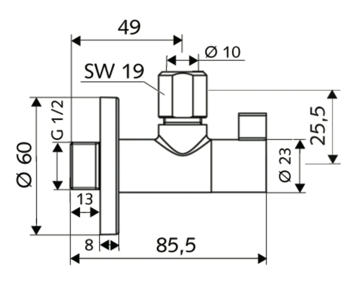 Design-Eckventil mit Regulierfunktion WING, Schubrosette Ø 60 mm, DN 15 G 1/2 AG, Ø 10 mm (DN 10 G 3/8 AG), chrom