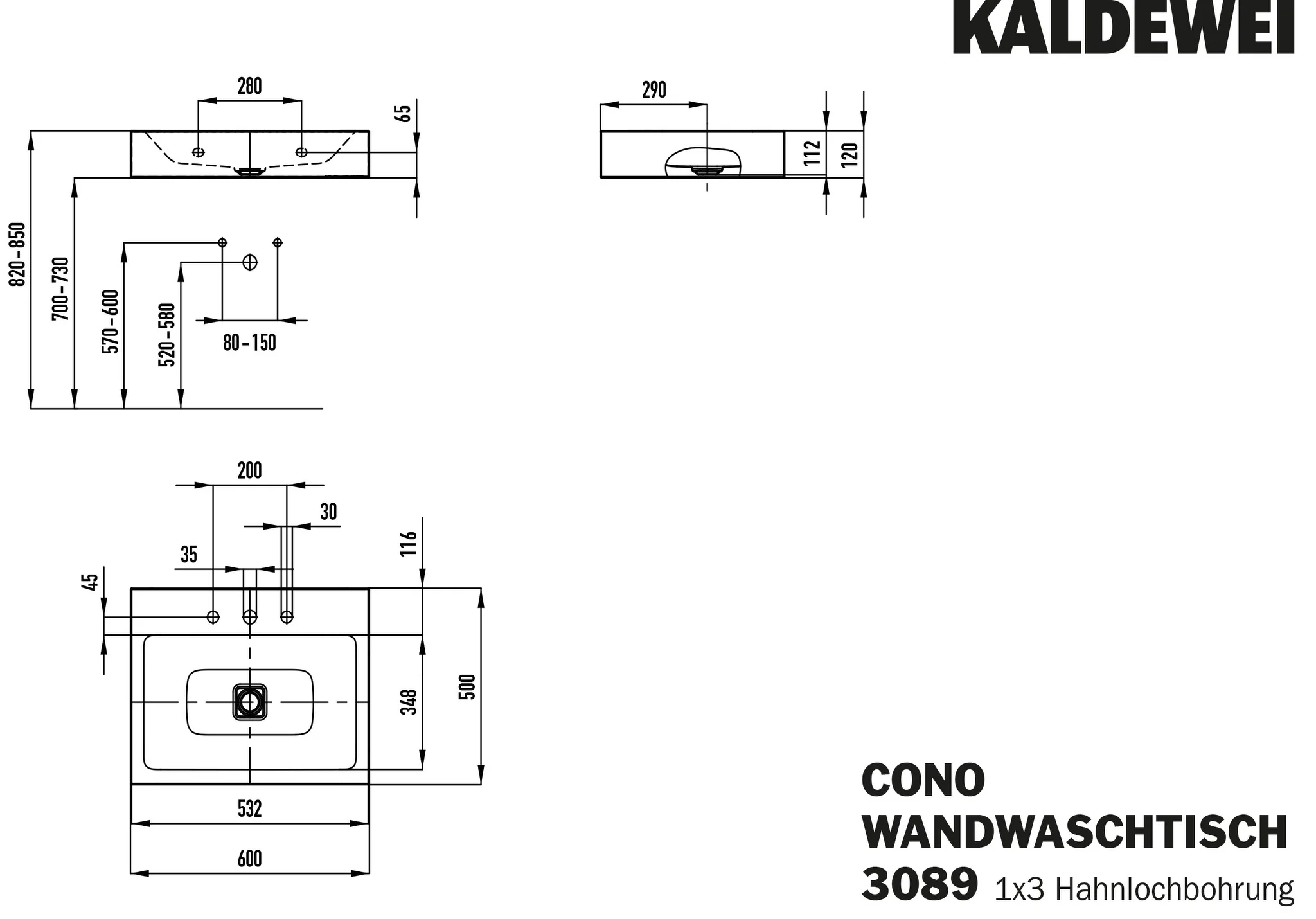 Kaldewei CONO Wandwaschtisch, 600x500 mm, Perl-Effekt, Antidröhn, 3er Hahnlochbohrung, ohne Überlauf Kaldewei CONO Wandwaschtisch, 600x500 mm, Perl-Effekt, Antidröhn, 3er Hahnlochbohrung, ohne Überlauf