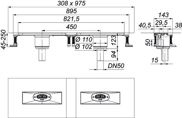 Ablaufgehäuse DallFlex Duo senkrecht, DN 50