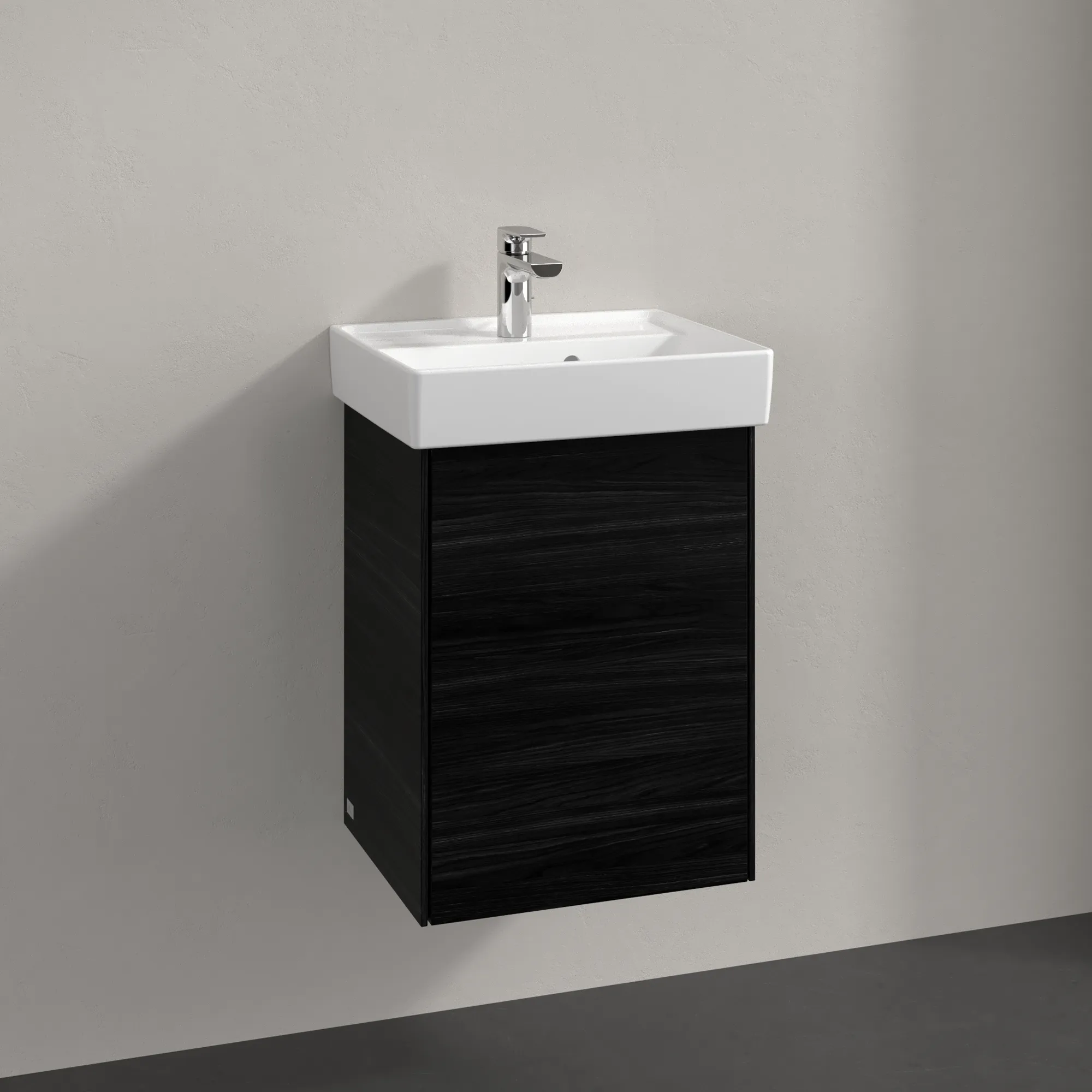 Villeroy & Boch Waschtischunterschrank mit Tür „Collaro“ 410 × 546 × 344 mm Black Oak, für Becken mittig, Anschlag rechts, ohne Beleuchtung Villeroy & Boch Waschtischunterschrank mit Tür „Collaro“ 410 × 546 × 344 mm Black Oak, für Becken mittig, Anschlag rechts, ohne Beleuchtung