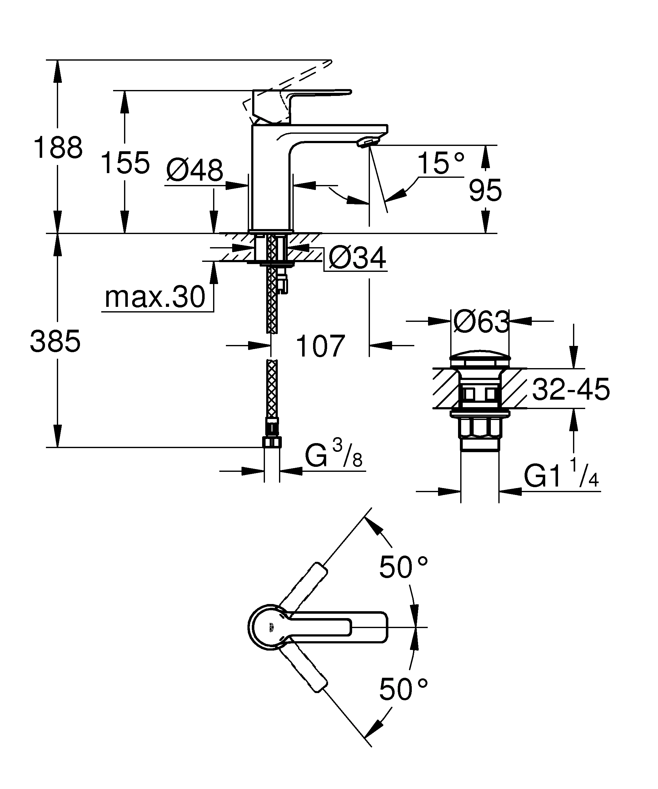 Einhand-Waschtischbatterie Lineare 23791_1, XS-Size, Einlochmontage, glatter Körper, Push-open Ablaufgarnitur 1 1/4″, chrom