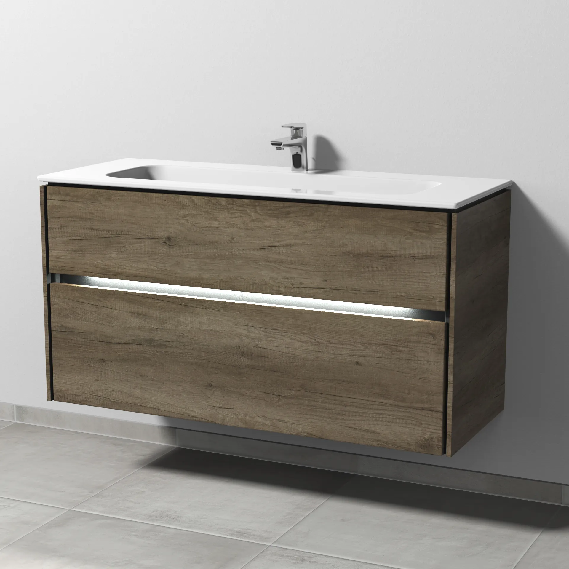 Keramik-Waschtisch-Set mit Waschtischunterschrank „Twiga“ 119 × 46 × 61 cm in Eiche Nebraska, mit Hahnlochbohrung, mit Beleuchtung