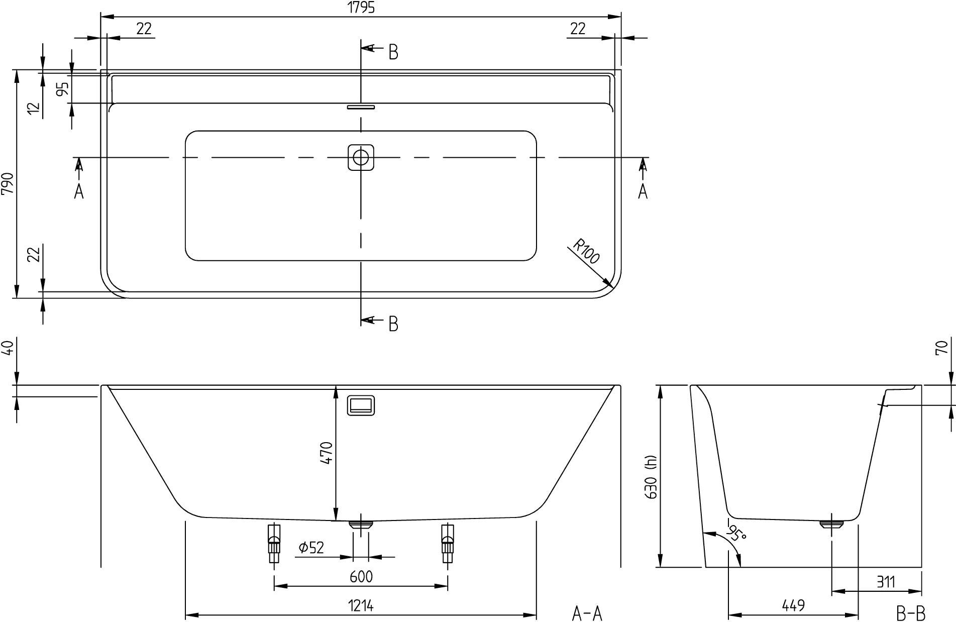 Villeroy & Boch Collaro Vorwand-Badewanne UAE180CORSB2V, Acryl, Weiß Alpin, mit Whirlpoolsystem Airpool Entry (AE), 1795 x 790 mm
