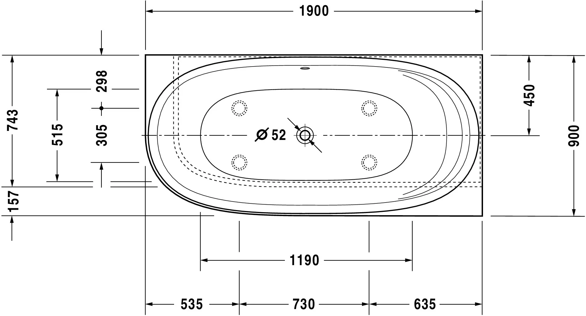 Duravit Badewanne „Cape Cod“ vorwand oval 190 × 90 cm, rechts