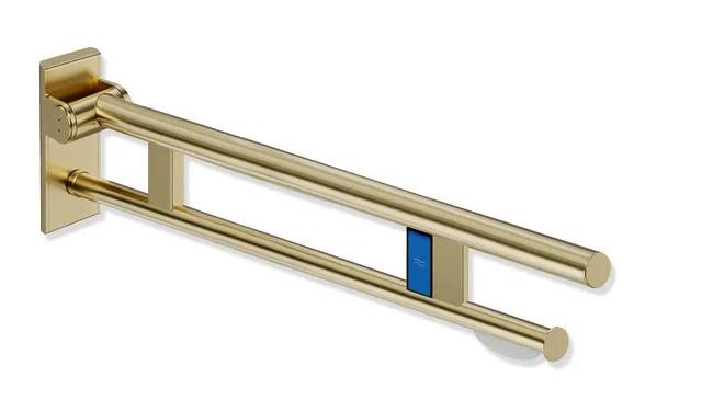 HEWI System 900 Mobiler Stützklappgriff Duo, Design A, links, Edelstahl, PVD, 750 mm Ausladung