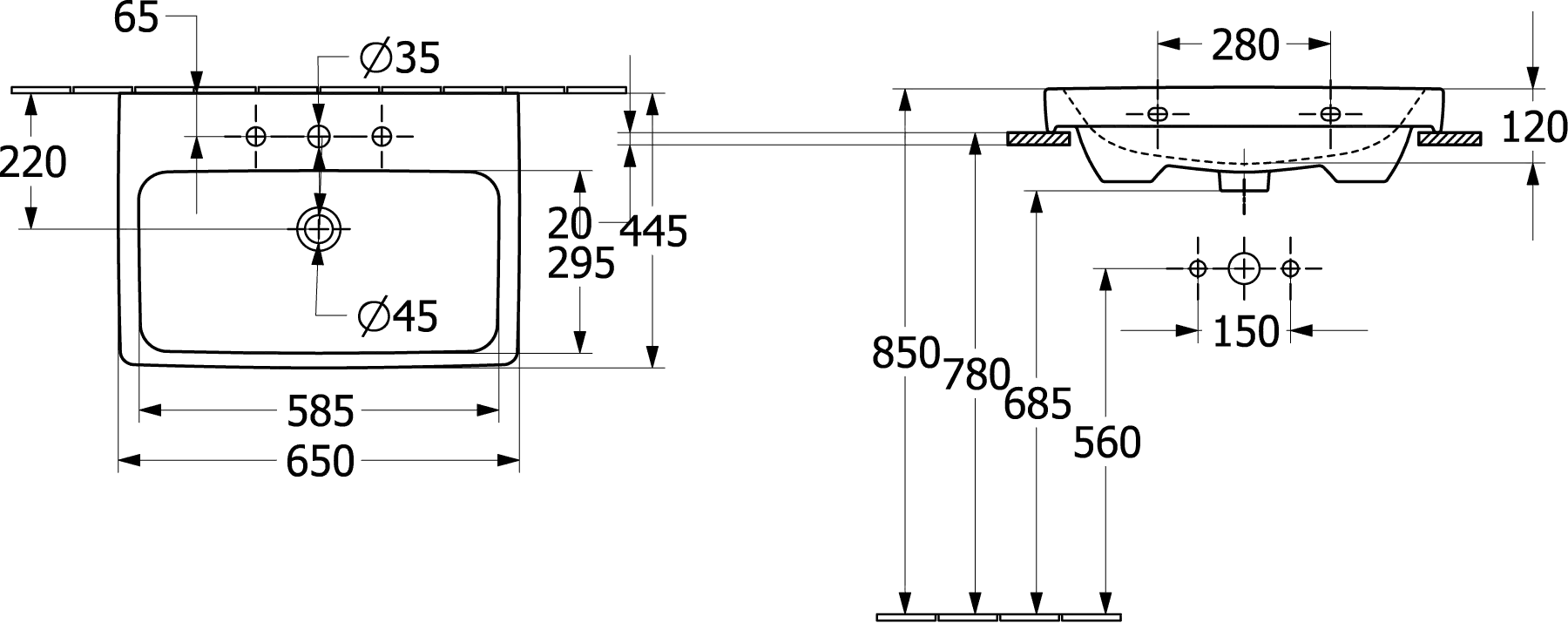 Villeroy & Boch Waschbecken „Architectura“ 650 × 445 × 165 mm, ohne Hahnlochbohrung in Weiß Alpin Villeroy & Boch Waschbecken „Architectura“ 650 × 445 × 165 mm, ohne Hahnlochbohrung in Weiß Alpin