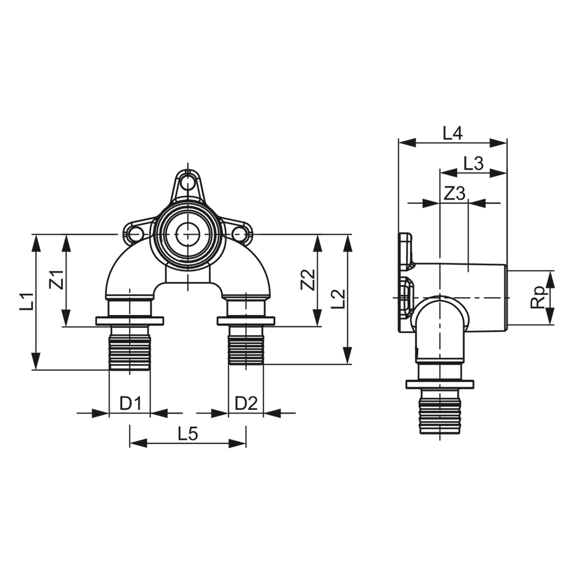 TECEflex U-Doppelwandscheibe reduziert druckverlustoptimiert Dimension 16 × Rp 1/2″ × 20, Siliziumbronze