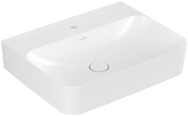 Villeroy & Boch Wandwaschtisch aus TitanCeram geschliffen „Finion“ 600 × 470 × 164 mm, mit Hahnlochbohrung, Hahnlochposition mittig in Stone White, mit CeramicPlus