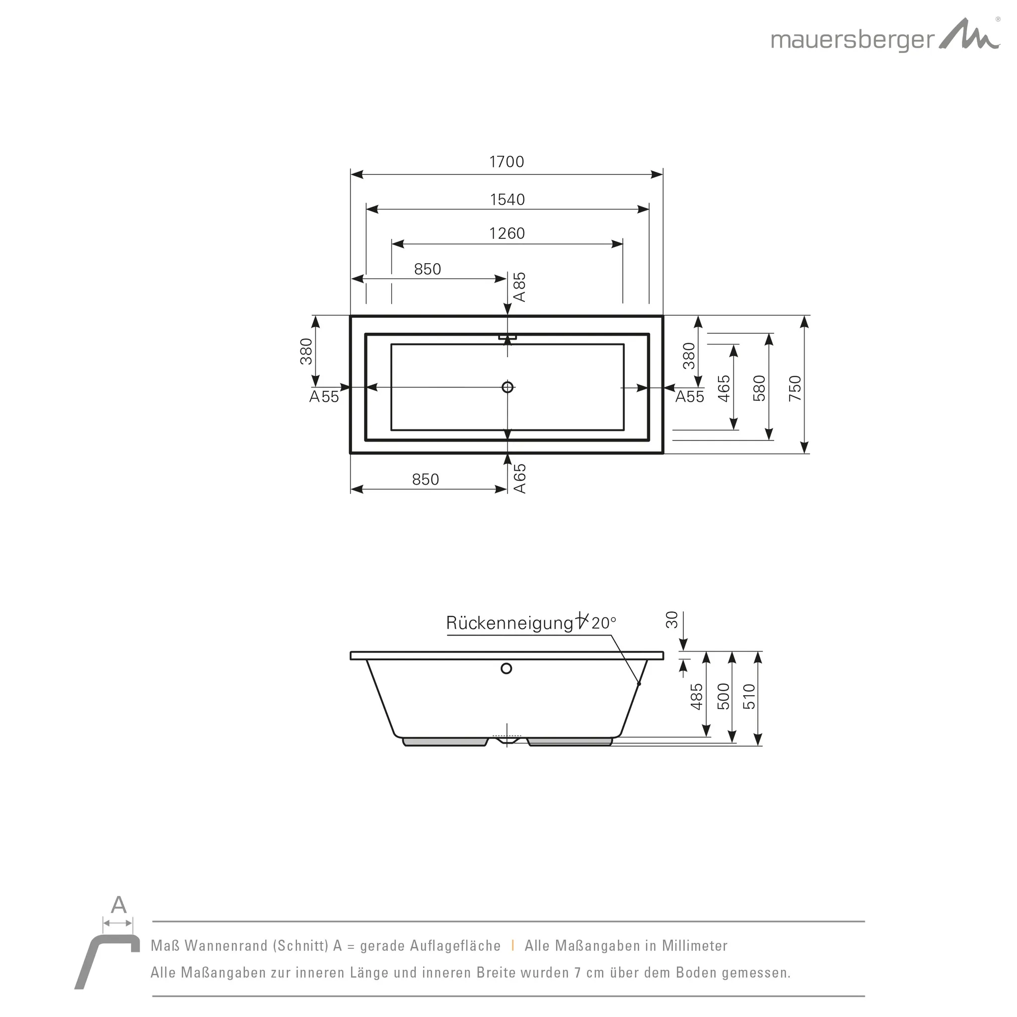 Mauersberger Acryl-Badewanne perfo 170/75, 1700x750x510, weiß