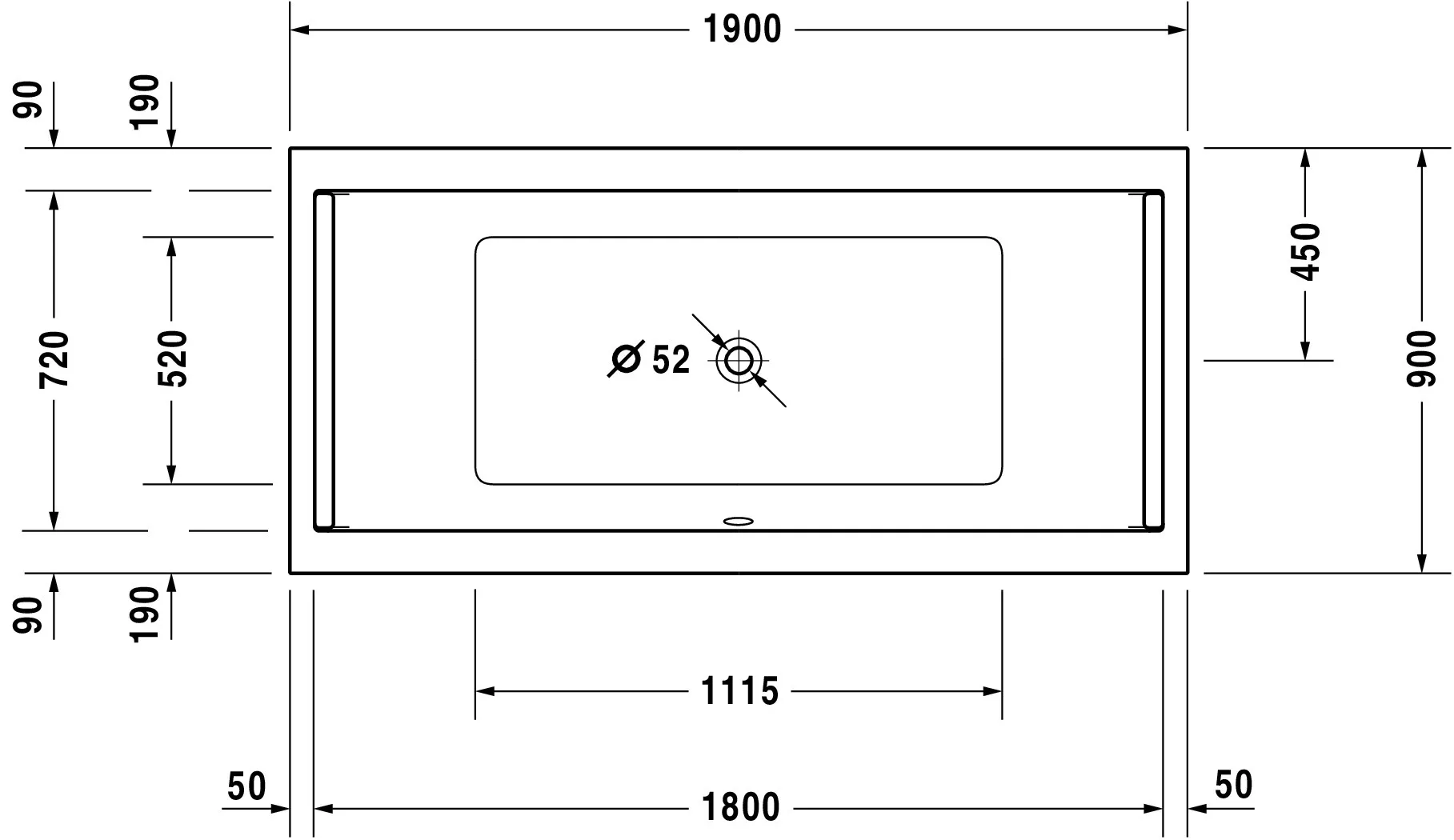 Duravit Badewanne „Starck“ rechteck 190 × 90 cm, Mittelablauf