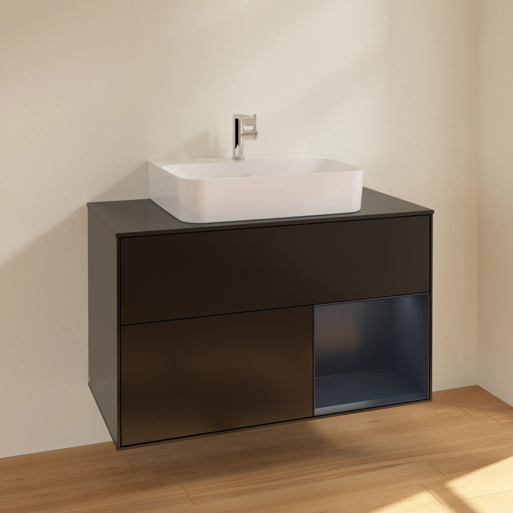 Villeroy & Boch Waschbeckenunterschrank Finion F12, 1000x603x501 mm, Black Matt Lacquer / Midnight Blue Matt Lacquer, mit Beleuchtung und Push-to-open Funktion Villeroy & Boch Waschbeckenunterschrank Finion F12, 1000x603x501 mm, Black Matt Lacquer / Midnight Blue Matt Lacquer, mit Beleuchtung und Push-to-open Funktion