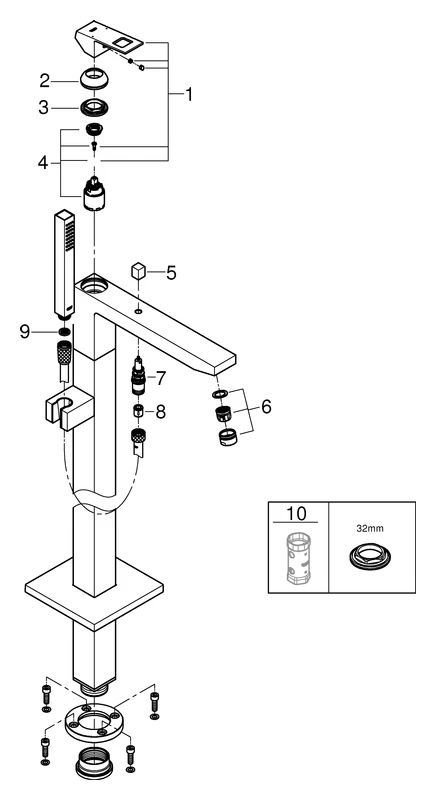 Einhand-Wannenbatterie Eurocube 23672_1, Bodenmontage, Fertigmontageset für 45984, mit Handbrause und Brauseschlauch, eigensicher, chrom